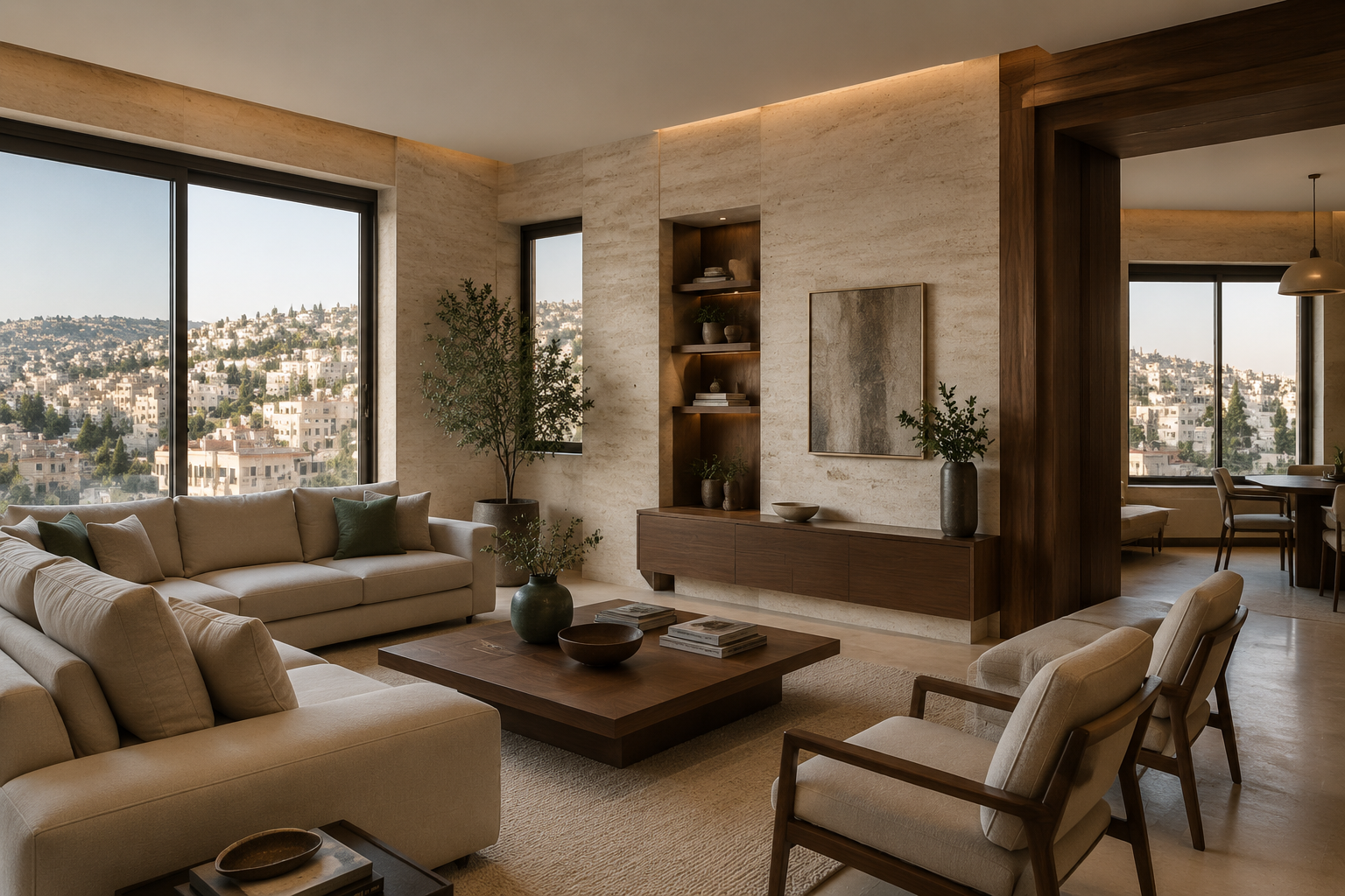 Elegant contemporary apartment interior with Jordanian limestone and warm wood