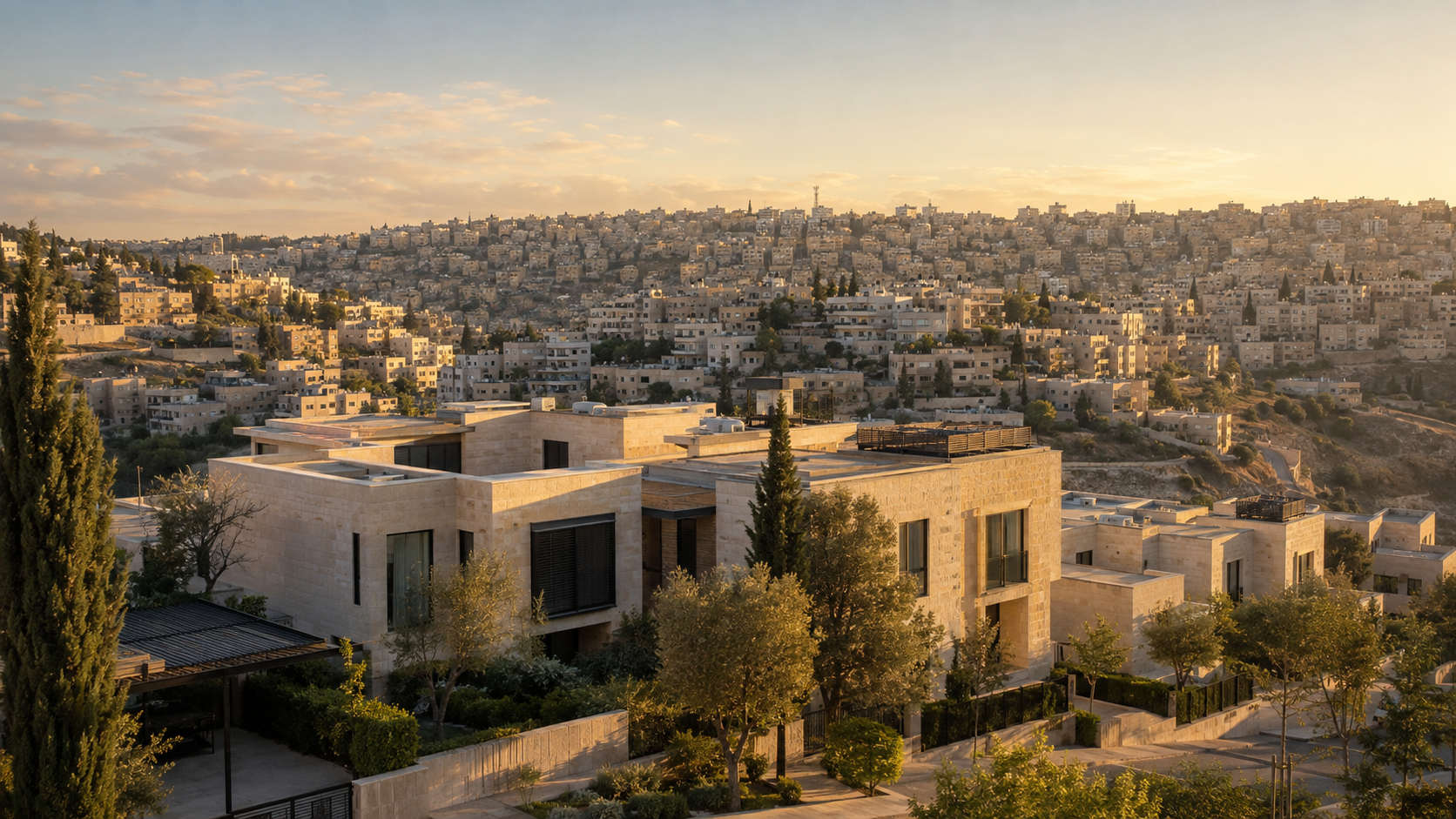 Contemporary limestone homes overlooking West Amman at golden hour
