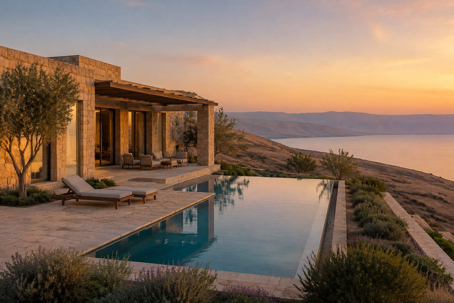 Modern limestone resort home in the Jordan landscape at sunset