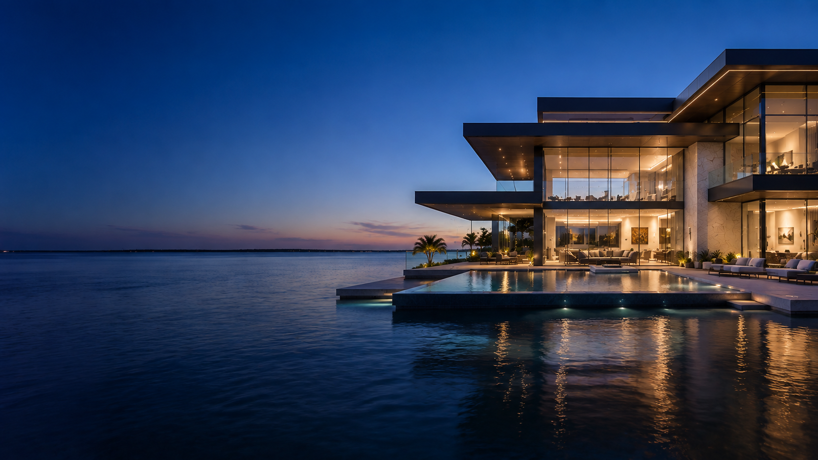 Waterfront home at dusk, shown as lifestyle inspiration